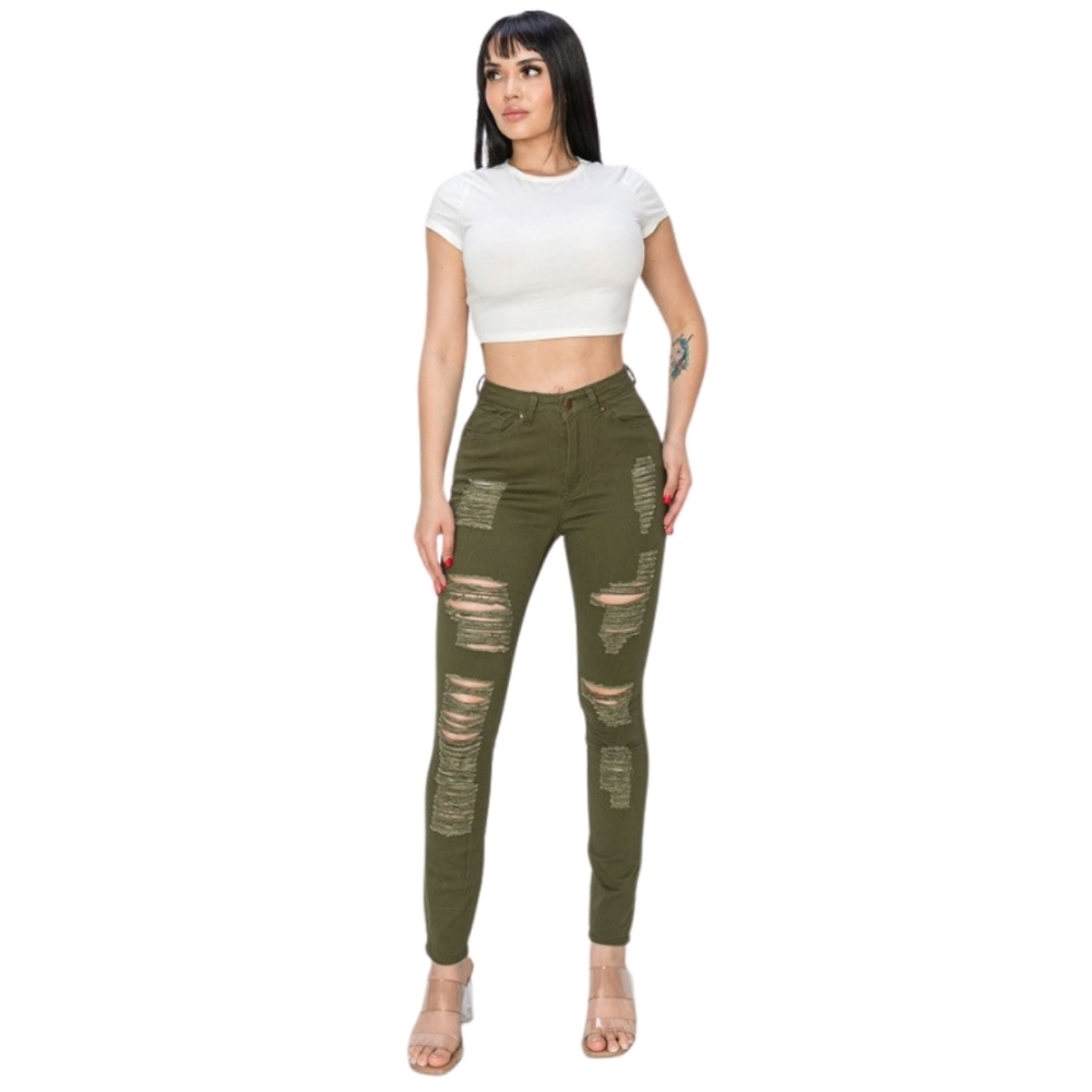 Olive‎ Green Distressed Skinny Jeans
